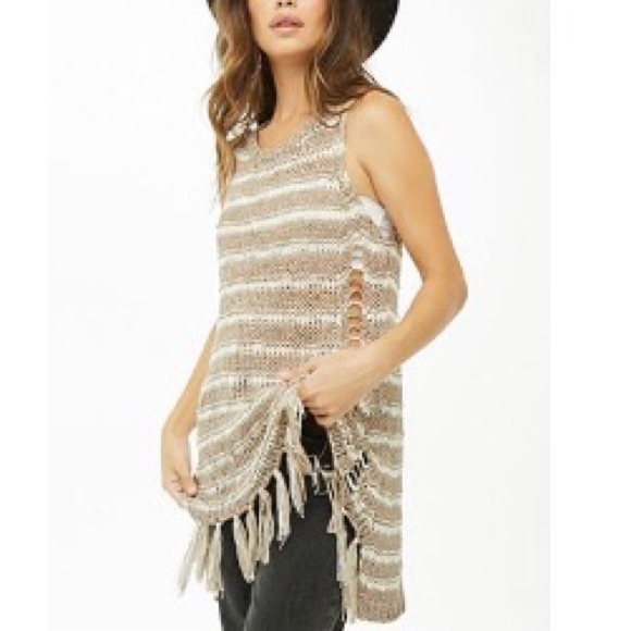 Forever 21 Tops - NWT! Open Knit Striped Fringe Top (Tan & White)